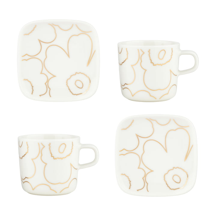 Oiva Piirto Unikko Gobelet avec anse & Assiette, blanc / or (set de 4) de Marimekko