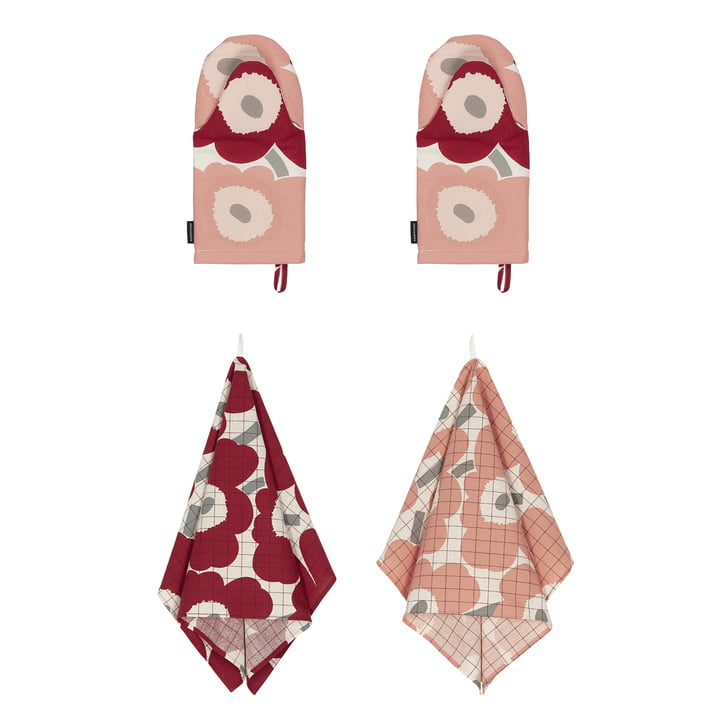 Pieni Unikko Set de cuisine, torchon & gants de four, cotton / dark cherry / rose (set de 4) de Marimekko