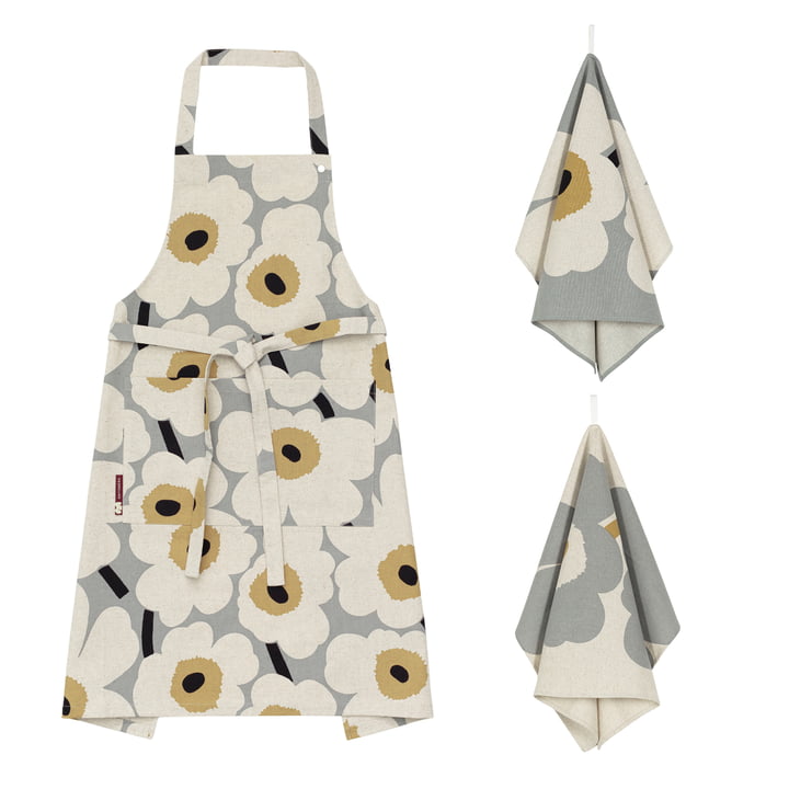 Unikko 60th Anniversary Kitchen Set, Torchon & Tablier, gris / lin / paille / bleu foncé (set de 3) de Marimekko