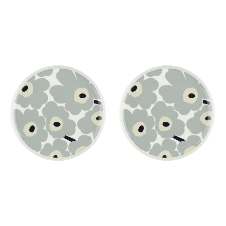 Marimekko - Oiva Unikko Assiette, Ø 25 cm, blanc / gris clair / sable / bleu foncé (set de 2)