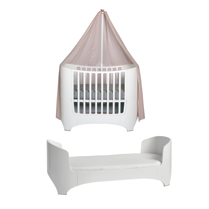 Leander - Lit bébé junior blanc avec ciel de lit, dusty rose