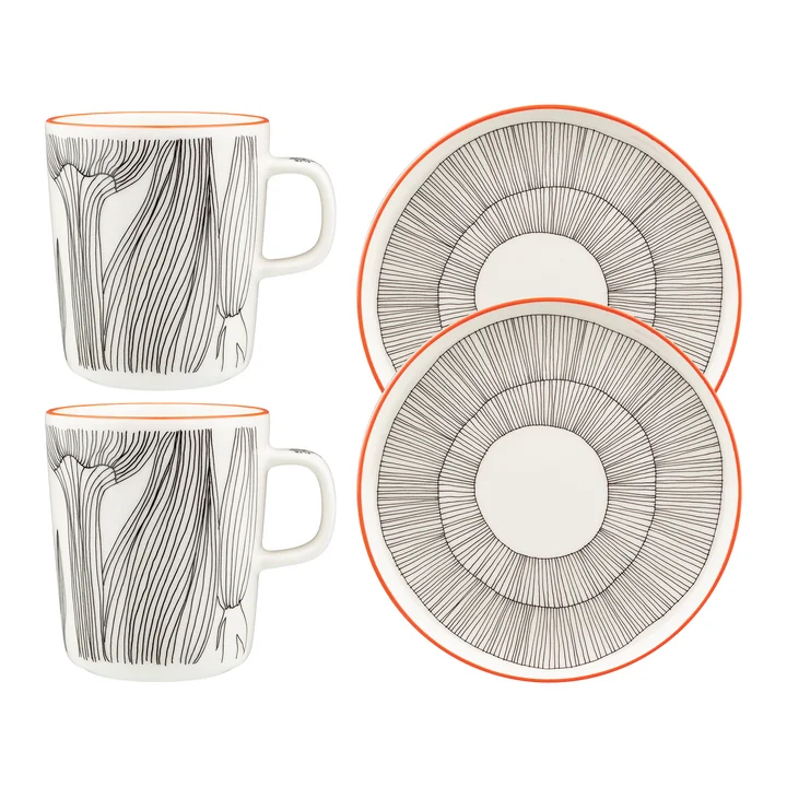 Marimekko - Oiva Kukat Puhkeavat Set de petit déjeuner, noir / blanc / orange (4 pièces)