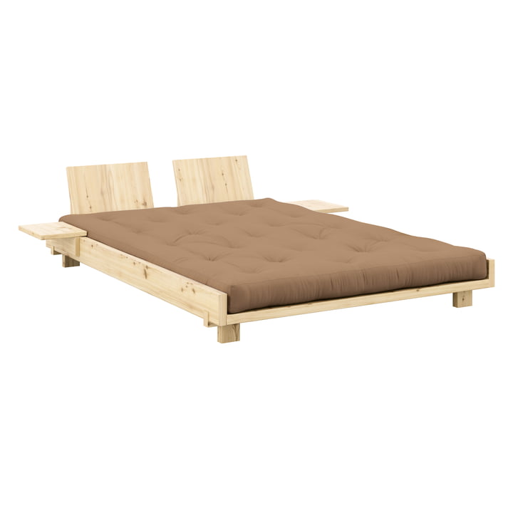 Karup Design - Social Lit avec dossier, 2 chevets et matelas moka, 140 x 200 cm, pin clair