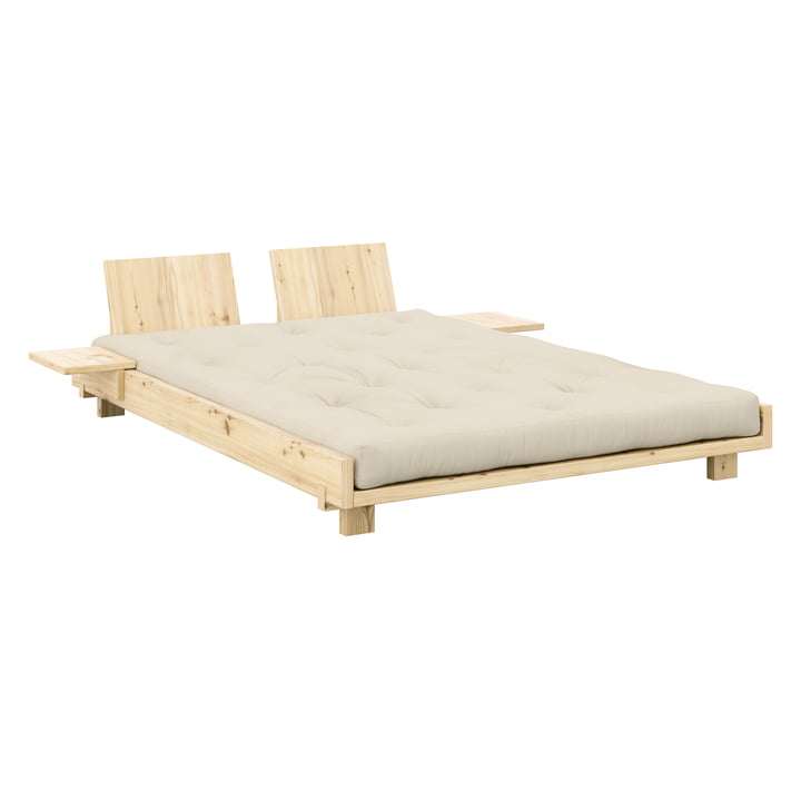 Karup Design - Social Lit avec dossier, 2 chevets et matelas beige, 140 x 200 cm, pin clair