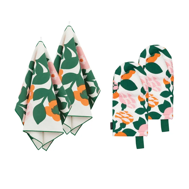 Marimekko - Pieni Green Green Set de cuisine, torchon & Gants de four, multicolore (4 pièces)