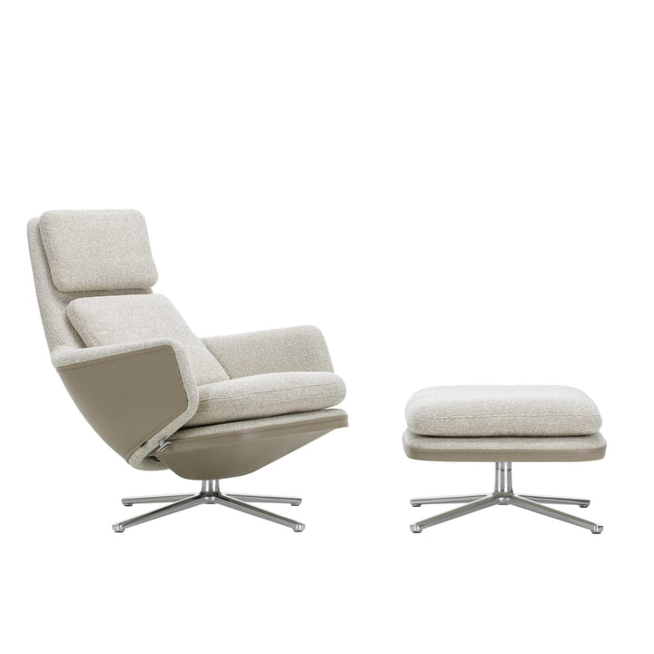 Vitra - Grand Relax Fauteuil & Ottoman, aluminium poli, Nubia ivoire / gris, cuir / sable, patins en feutre