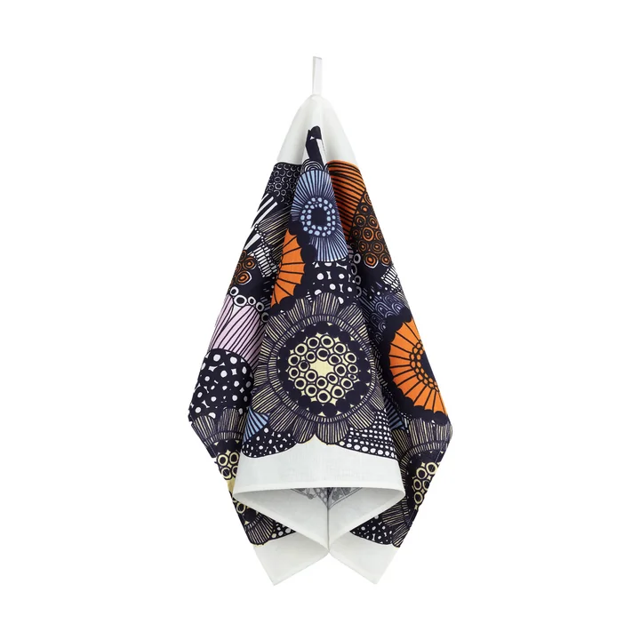 Torchon Siirtolapuutarha, 47 x 70 cm, blanc / jaune clair / orange / bleu clair (printemps/été 2025) de Marimekko