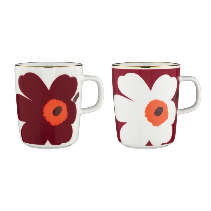 Marimekko - Oiva Juhla Unikko Gobelet avec anse, 250 ml, blanc / bourgogne / or (set de 2)