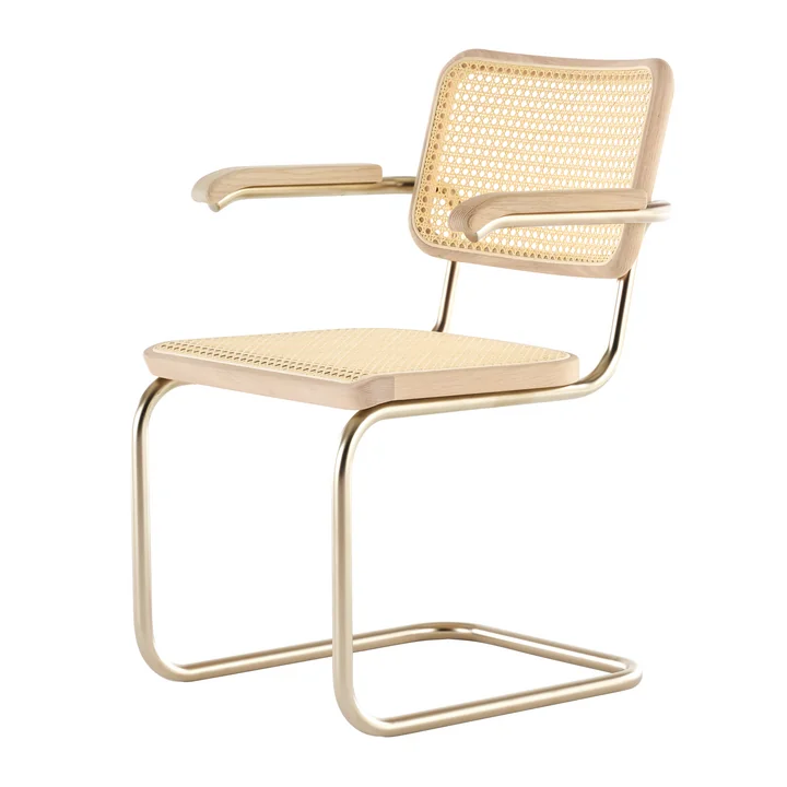Thonet - S 64 V Nordic Chaise avec accoudoirs, nickelsilver / chêne huilé pigmenté blanc / cannage avec tissu de soutien en plastique (JS. by Jil Sander)