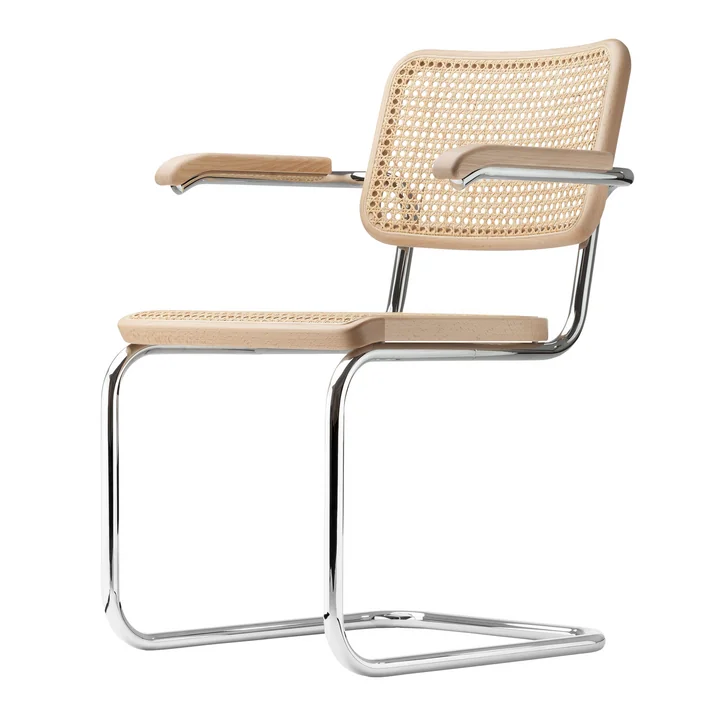 S 64 V Chaise avec accoudoirs, chrome / hêtre naturel (TP 17) / cannage avec tissu de soutien en plastique / patins en feutre de Thonet