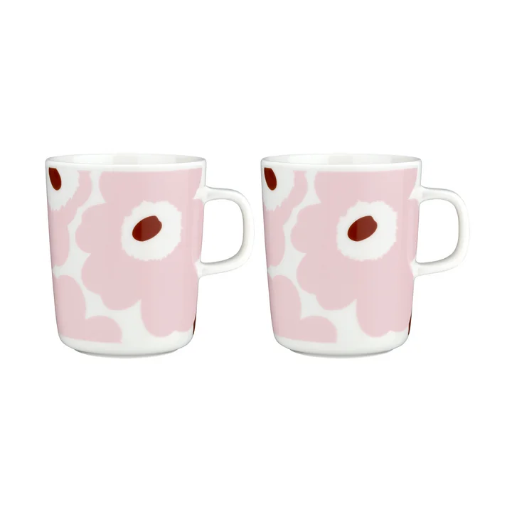 Marimekko - Oiva Juhla Unikko Gobelet avec anse, 250 ml, blanc / rose / châtaigne (set de 2)