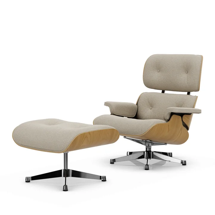 Vitra - Lounge Chair & Ottoman, poli, châtaignier naturel, Nubia, crème / perle