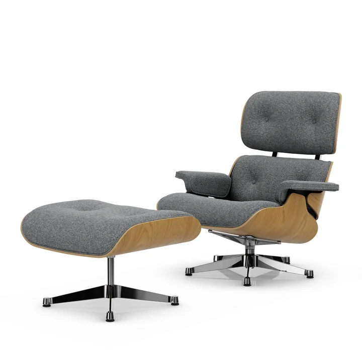 Vitra - Lounge Chair & Ottoman, poli, châtaignier naturel, Nubia, ivoire / bleu foncé