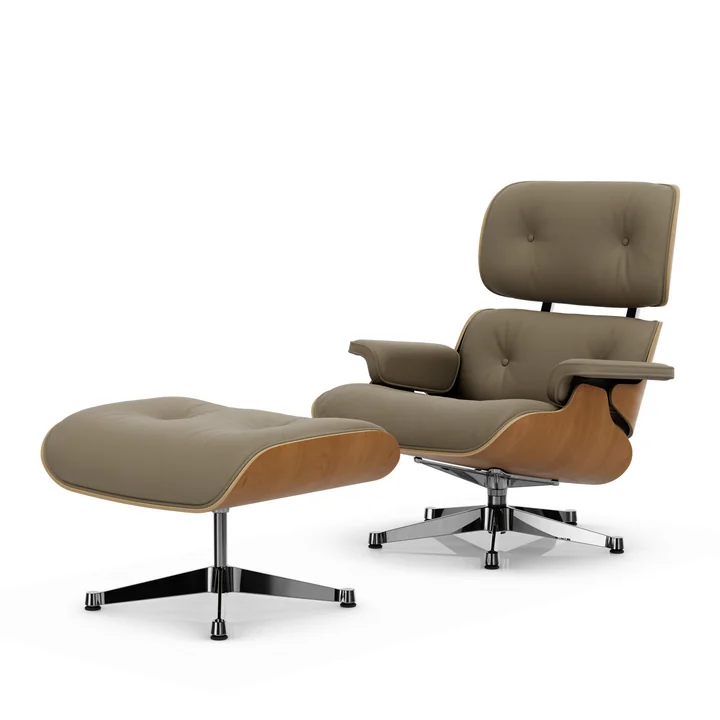 Vitra - Lounge Chair & Ottoman, poli, cerisier naturel, cuir Natural F, dark sand
