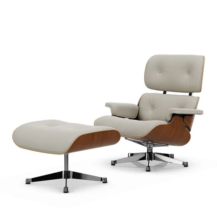 Vitra - Lounge Chair & Ottoman, poli, noyer naturel, cuir Premium F, snow
