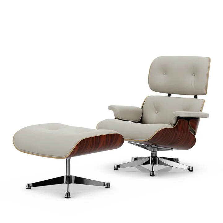 Vitra - Lounge Chair & Ottoman, poli, palissandre de Santos, cuir Premium F, snow
