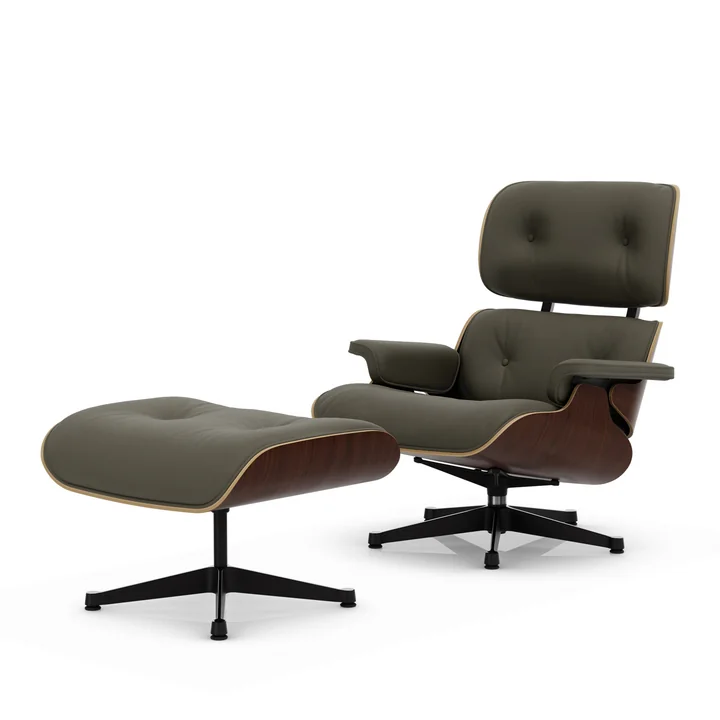 Vitra - Lounge Chair & Ottoman, noir / poli, noyer foncé, cuir Premium F, kaki