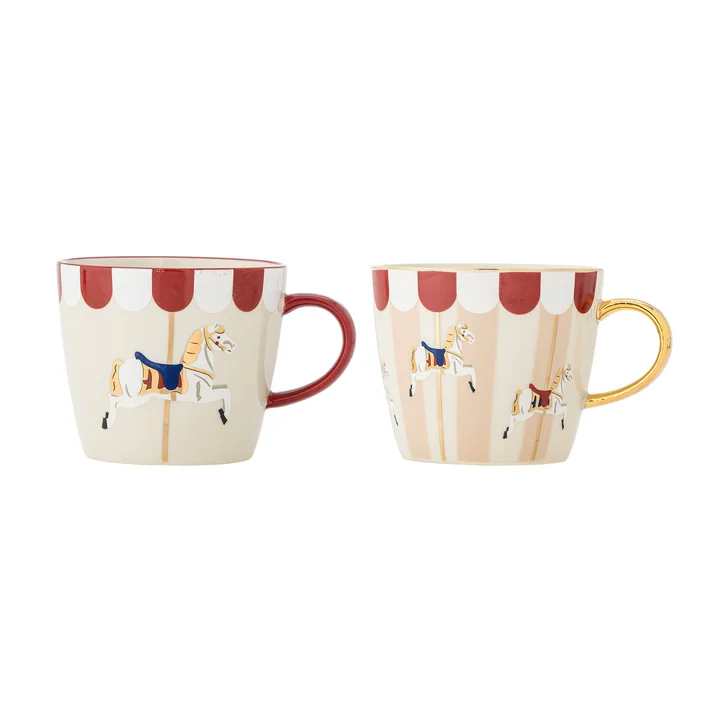 Bloomingville - Merry-go-round Tasse de Noël avec anse, Ø 9,5 cm, H 8 cm, rouge / blanc (set de 2)