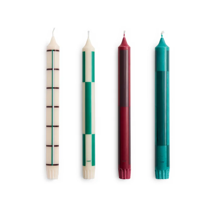 HAY - Pattern bougies à tige, H 24 cm, green / bordeaux (set de 4)