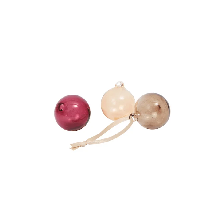Ferm Living - Glass Baubles Boule de Noël, S, rouge rosé translucide (lot de 3)