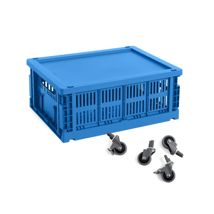 HAY - Colour Crate Corbeille M avec couvercle et roulettes, bleu électrique, recyclée