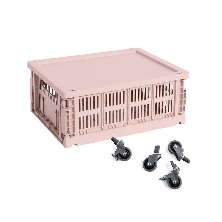 HAY - Colour Crate Corbeille M avec couvercle et roulettes, blush, recyclée