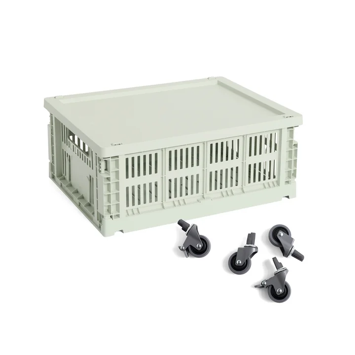 HAY - Colour Crate Corbeille M avec couvercle et roulettes, menthe, recyclée
