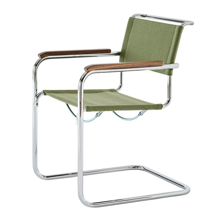 Thonet - S 34 V Chaise avec accoudoirs, chrome / vert réséda (tissu Gabriel Nobel) / accoudoirs en noyer huilé