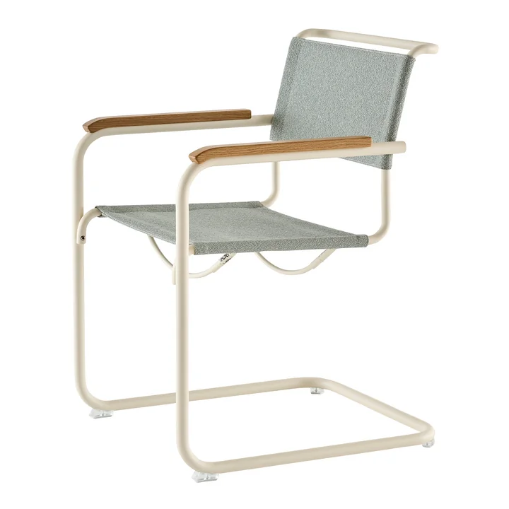 Thonet - S 34 V Chaise avec accoudoirs, blanc perle / ray (tissu Rohi Cento) / accoudoirs chêne huilé