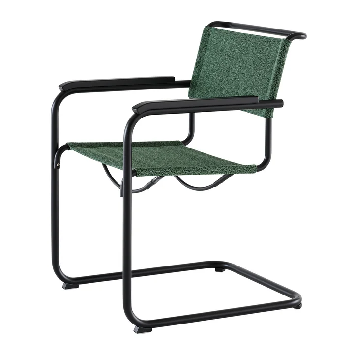 Thonet - S 34 V Chaise avec accoudoirs, noir profond / malachite (tissu Rohi Cento) / accoudoirs chêne teinté