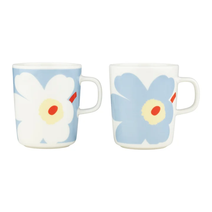 Marimekko - Oiva Juhla Unikko Gobelet avec anse, 250 ml, white / lt.blue / orange red (lot de 2)