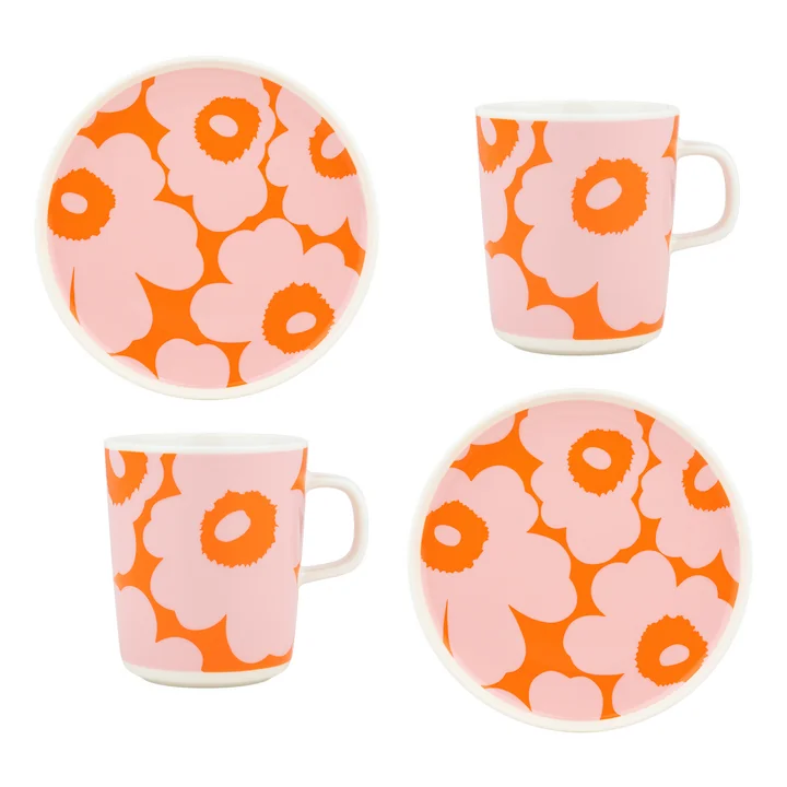 Marimekko - Oiva Unikko Set de petit déjeuner, blanc / rose / orange (4 pièces)