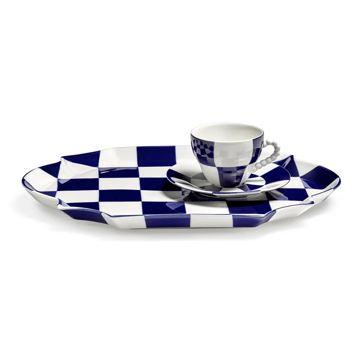 Serax - Fête des Bêtes Tasse et soucoupe sur plat de service, bleu / blanc