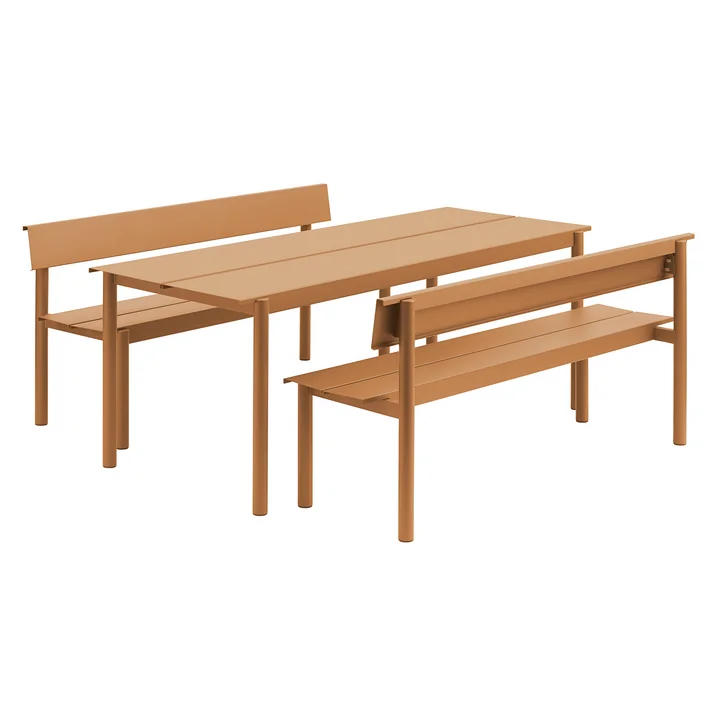 Muuto - Linear Steel Banc avec dossier, 170 cm à la table de jardin, burnt orange