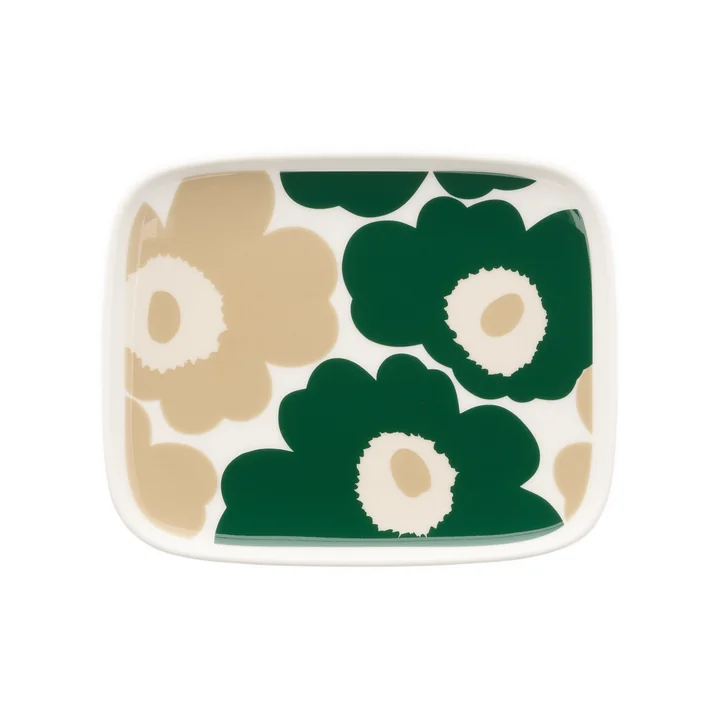 Marimekko - Plateau de service « Oiva Unikko », 15 x 12 cm, blanc / vert foncé / beige / sable clair