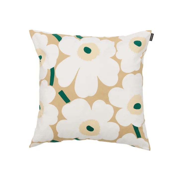 Marimekko - Pieni Unikko Housse de coussin, 50 x 50 cm, sable, blanc, foin, émeraude