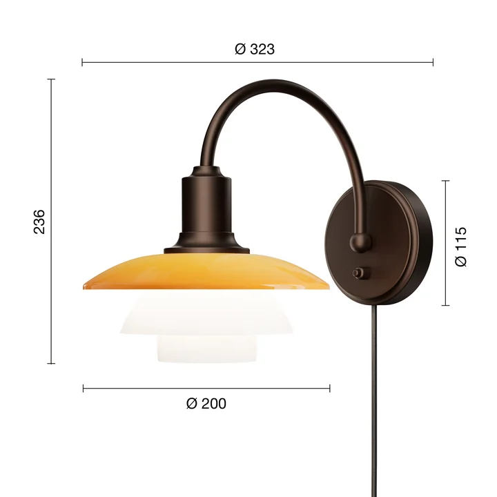 Louis Poulsen - PH 2/2 Centenary Edition Applique murale, ambre / blanc opale - Dimensions