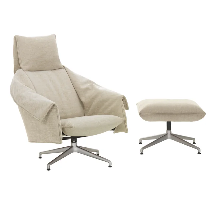 Vitra - Bascule Highback & Ottoman, piètement à 4 branches en aluminium couleur craie, revêtement F80 Iroko crème