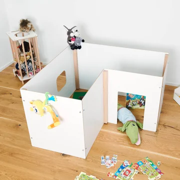 maison de jeu murale pour enfants et séparateur de pièce en blanc / hêtre et chariot de rangement zoo en blanc / hêtre de Tojo