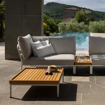 HOUE - Level 2 Canapé, gauche, muted white / ash, table basse 81 x 81 cm bambou, muted white