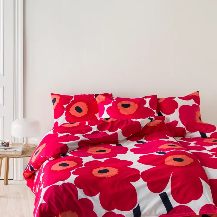 Unikko Housse de couette et d'oreiller de Marimekko avec motif floral rouge et blanc