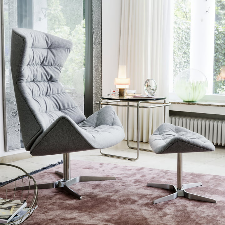 Fauteuil Lounge 808 par Thonet, structure en acier inoxydable / Tissu Bergen (905 gris)