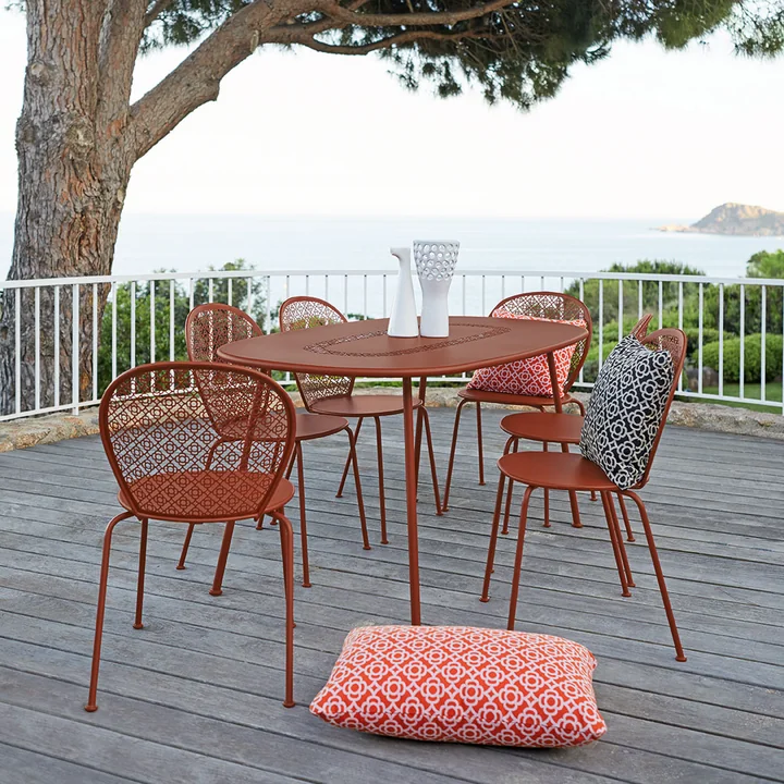 Les chaises et la table Lorette de Fermob sur une terrasse de toit