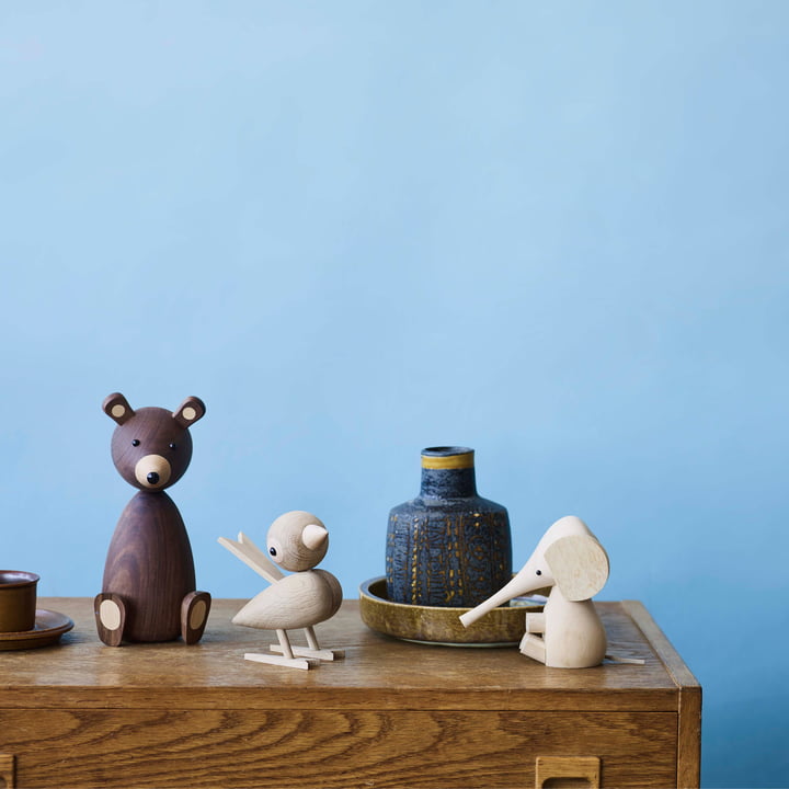 Figurines en bois bébé éléphant, moineau et ours par Lucie Kaas