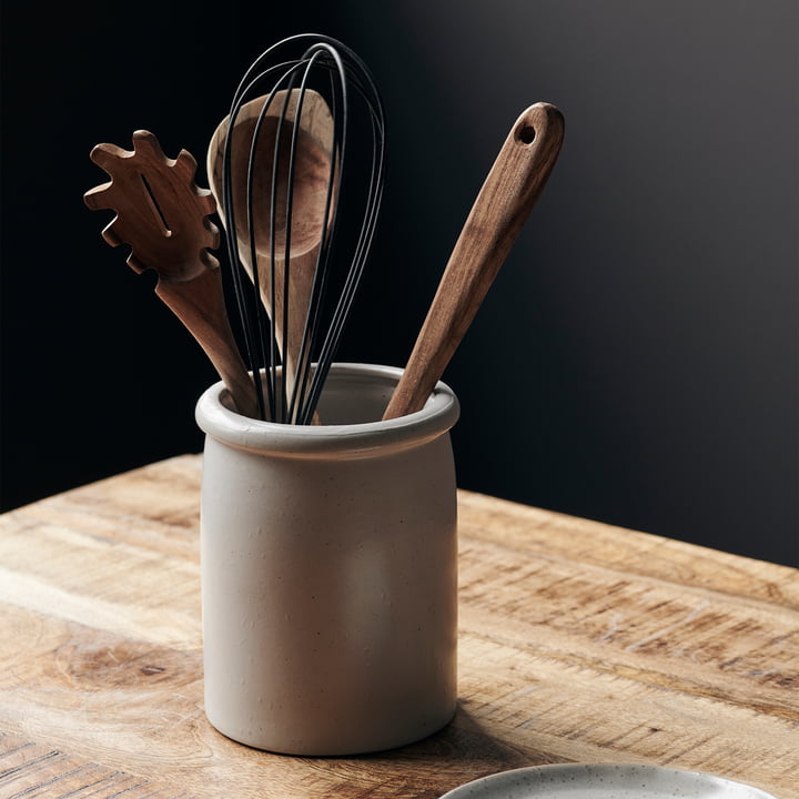 Porte-ustensiles Pion, gris / blanc rempli d'ustensiles de cuisine