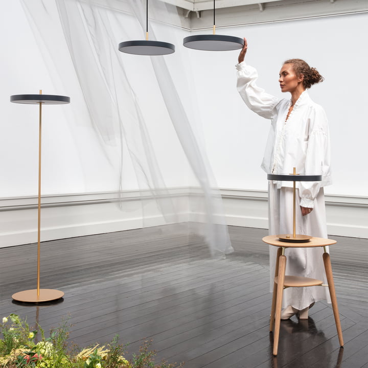 Les Asteria luminaires de Umage en laiton / noir dans une grande pièce avec des voiles et des plantes