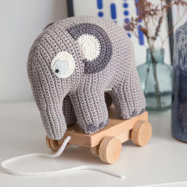 Sebra - Peluche à tirer au crochet, Éléphant / gris