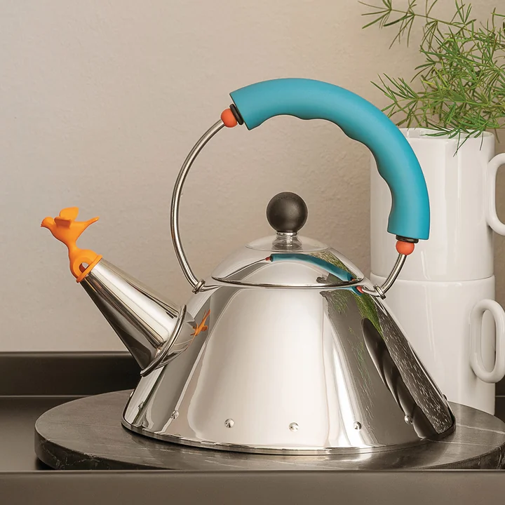 Bouilloire 9093 /1 "Bird Kettle" de Alessi dans la version polie / bleu clair
