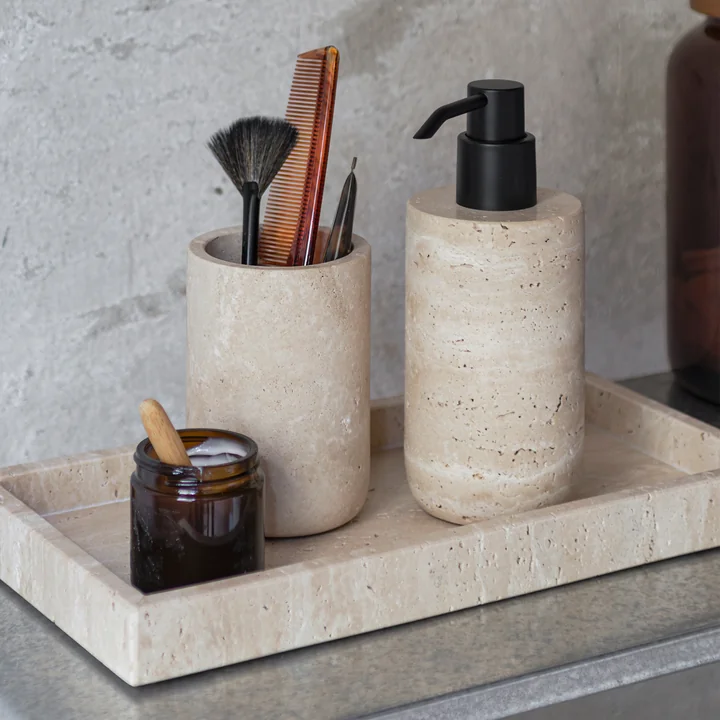 Mette Ditmer - Travertine Gobelet pour dentifrice et distributeur de passoire, tall, lin