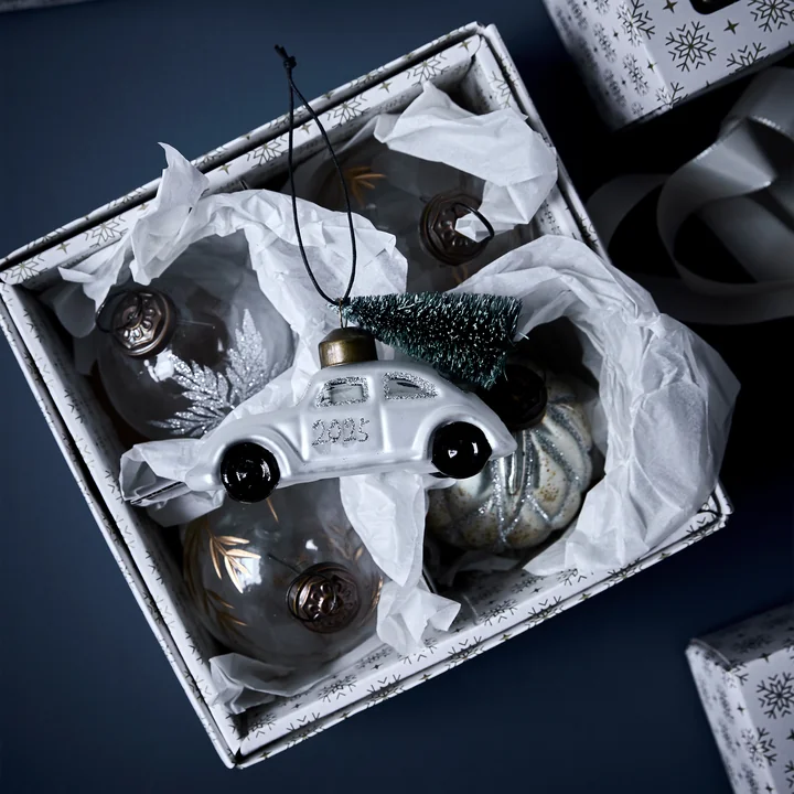 House Doctor - Xmas Cars Voitures décoratives, 5,5 cm, blanc / argenté